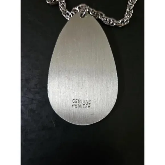 Vintage GENUINE PEWTER TEARDROP PENDANT WITH ETCHED OWL /‎ 20" Chain - Picture 3 of 4